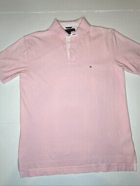 Tommy Hilfiger Men's Pique Polo Shirt Pink Short Sleeve Striped Trim Size Medium